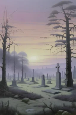 A light purple graveyard filled with spirits painted by Caspar David Friedrich