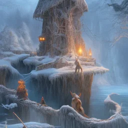 fantasy art of big wolf and wizard walking on very tight rope bridge over icy water