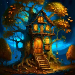 a whimsical, tree-house style dwelling nestled within the twisting branches of a large, autumn-hued tree. The curved stone structure has warm, glowing windows and a blue door, giving it an inviting, cozy appearance against the deep teal night sky. The golden leaves filter the moonlight, creating an enchanting, storybook atmosphere.