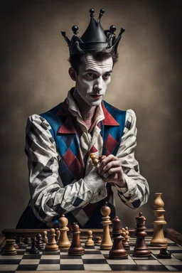 harlequin playing chess with a confused look on his face