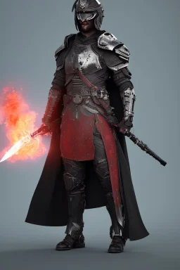 A warrior with a matte black combat helmet and eyes with bright blue flaming pupils, a black cape and a long coat with long combat boots and a long, sharp and fiery spear and with his helmet under his cape and two blue flames instead of eyes