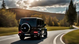 A sleek rear view of (((a cross of bmw and G-Wagon))), on street, with hill and trees around, a beautiful clouds and sunny weather, 4K, Superdetailed, No mistakes