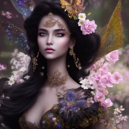 black skin fairy, beautiful portrait, flowery landscape