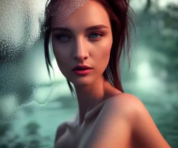 Realistic detailed perfect face portrait of a insane young beautiful top model woman in short open dress. Sensual, volumetric lighting, Unreal Engine 5, 3D Animation Quality, Octane Rendering. A masterpiece. There are water, trees. vivid colors.