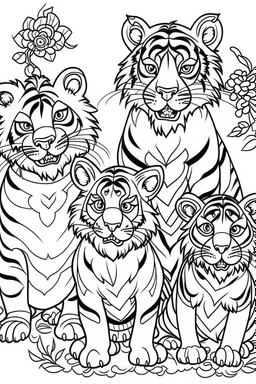 HAPPY NEW YEAR colouring page for kids,TIGER FAMILY CELEBRATE HAPPY NEW YEAR, thick outline, low details, no shading, no colour