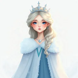 "Ilustración digital de La Reina de las Nieves en estilo artístico suave y soñador, inspirada en cuentos clásicos. Personaje centrado, sin fondo, con fondo transparente, colores pastel y luz cálida. Detalles tiernos, estilo de pintura digital delicada, alta resolución, sin elementos adicionales alrededor del personaje."