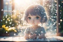 double exposure, only dots and pebbles, cute chibi anime girl, fountain, garden, ice flowers on a window in sunshine, backlit, ethereal, cinematic postprocessing, bokeh, dof