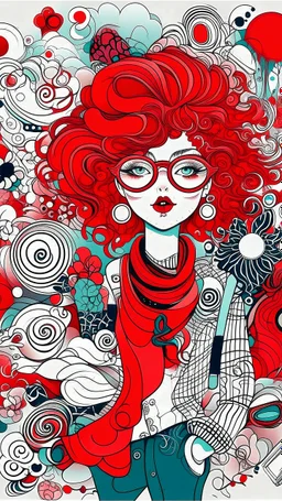"Artistic and fashionable doodle art illustration, filled with abstract characters, surreal faces, funky patterns, and fractal curly red-haired woman elements, stylish, wearing red glasses, boots, Korean style clothes, and accessories. The doodles are dense yet well-composed, using a bright and bold color palette. The background is a pale white paper texture, which gives the impression of a hand-drawn sketch. A perfect blend of modern street fashion and imaginative doodle creativity, high resolu