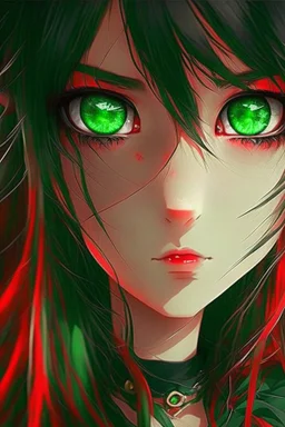 beautiful anime girl, red, nice, black, green eyes