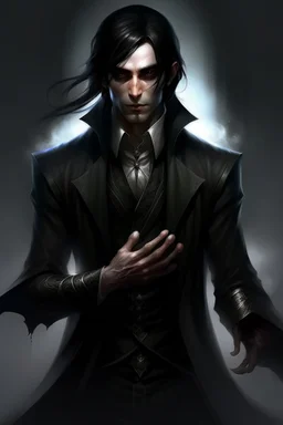 the dark butler, young elf with dark hair, dark clothes, shadow magic