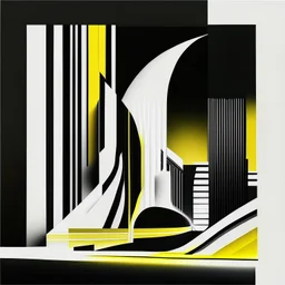 Ilustración minimalista de una casa campestre estilo Zaha Hadid arte nouveau neón lineal color negro blanco y amarillo calidad ultra fondo ciudad