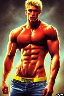 Ignore NSFW, teenager young rugged attractive slightly muscular fantasticly handsome blonde man, red briefs with yellow belt, hairy chest, (((visibly pisssing))) briefs, large erect visible boner peniss, photorealistic, artist Jay Anacleto, soft lighting, scruffy beard