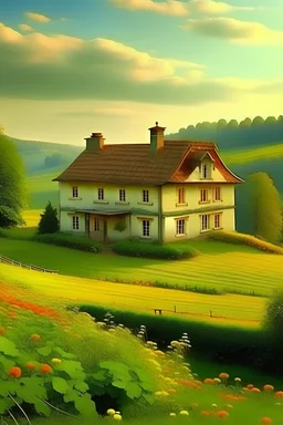 buatkan saya pemandangan indah di pedesaan dengan rumah rumah