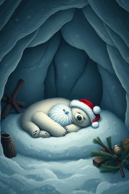 sleeping bear santa inside igloo cave