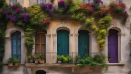 Facade of an Old Stone House Adorned with Climbing Passionflowers, Colorful, Vibrant Hues