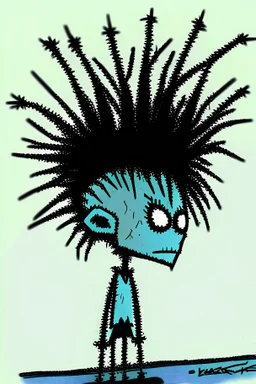 2d drawing of a stickman, cool with punk hair, x eyes like in hangman, view from behind, 3d realistic in colour