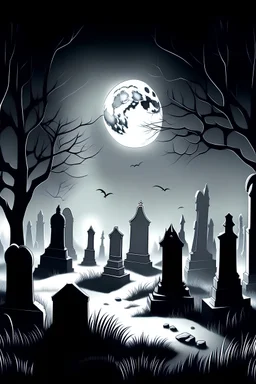 coloring page of A haunted graveyard under the light of the full moon, with eerie mist swirling around ancient tombstones and ghostly apparitions emerging.