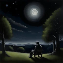 pintura de un paisaje nocturno. El cielo está oscuro y nublado, y las estrellas son apenas visibles. La única fuente de luz es la luna, que brilla tenuemente sobre el paisaje. En el primer plano de la pintura, hay un hombre solitario sentado en un banco. Está vestido de negro, y su rostro está iluminado por la luz de la luna. El hombre está mirando hacia el horizonte, y su expresión es de tristeza y nostalgia. En el fondo de la pintura, se puede ver una ciudad. Las luces de la ciudad brillan