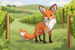 Generate an image of a cartoon fox standing amidst a lush vineyard. The vineyard should be filled with ripe grapevines stretching into the distance. The fox should appear hungry, with a slightly drooping posture and a keen expression on its face, as if searching for something to eat.