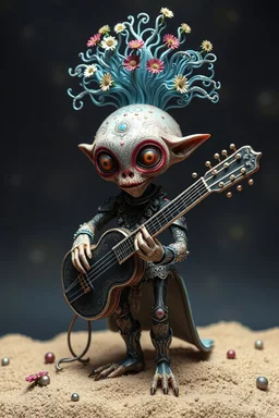 in the spirit of tim walker's unique style, this captivating photo features a mesmerizing transformation. an enigmatic figure, a blend of human and alien, takes the form of the peculiar krofft pufnstuff puppet voodoo cutie sitar player king with a human-alien hybrid look. in anthropomorphic ernst haeckel tiny planet is adorned with intricate details, including microfine linearly cogent quilling, bioluminescent face and flowers, luminescent hair, and silver filigree armor. inspired by renaissanc