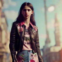 Margaret Qualley toddler, full body, leather jacket, floral shirt, floral skirt, shoe, soft skin, city background, dramatic lighting, hyper realistic