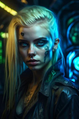 hyper real oil painting on canvass of blonde pierced cyberpunk Malkavian vampire portrait with clear blue-green eyes in moon light feeling in control in goth ruins Giger patterned background, zeiss prime lens, bokeh like f/0.8, tilt-shift lens 8k, high detail, smooth render, down-light, unreal engine, prize winning