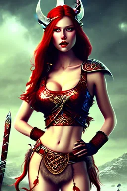 viking milf, red long hair, warrior princess, nacht, große oberweite, corsage, necklace, fantasy art