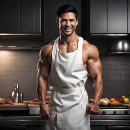 Hyper realistic very handsome shirtless muscular short black hair male chef smiling & standing wearing a towel in a dark kitchen