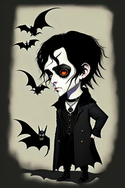 black haired black eyed young man necromancer goth hobbit with gothic jewelry and pet black bat in the style of Charles Addams