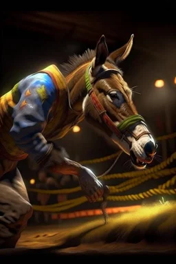 donkey wrestler in the ring doing a piledriver on a scarecrow, 4 k, down-light, soft light, depth of field, photo realism, trending on art station, high detail, spray paint