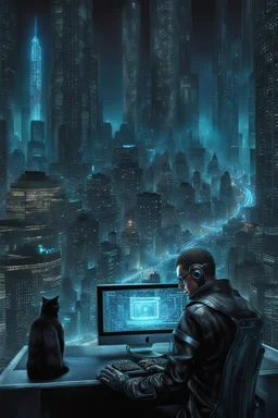 cyberpunk programmer black_Cat_Typing_on_computer_background binary codes, surrounded_by_mindent_3D_binary matrix codes and neutron mesh_etheral, Paranoid_sci-fi_in background_a_tall_cyberpunk_city, the cat hacker watchings monitor, Hyperrealistic texture, high detail, Sinister, cold dynamic lighting, dark-neon colors, Ultra_HD_intense_focus