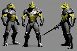 (Star Trek Lore) a Gorn aggressive warrior with his traditional equipment ## Layout & Perspectives Arrange strictly from left to right in the order of “front, side (either left or right), back” horizontally. The character's height, head-to-body ratio, shoulder width, and other skeletal proportions must be perfectly aligned horizontally across all three views, with strictly consistent sizing. ## Character Consistency Across all perspectives, the character's face shape, facial features, hai