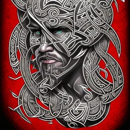 Homme Maori, tatouages tribaux maoris, arc à flèches, océan, lune rouge