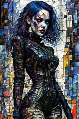 Create chaotic abstract cubist full body portrait of an epic raging science fiction fantasy hardcore mercenary Goth cyberpunk dead girl , with finely lined and detailed facial features, in a tattered gothic dress, fishnet stockings ,battered combat boots, in the style of Bill Sienkiewicz, Philippe Druillet, Gustav Klimt, and Jean Giraud Moebius, precisely drawn, colored and inked