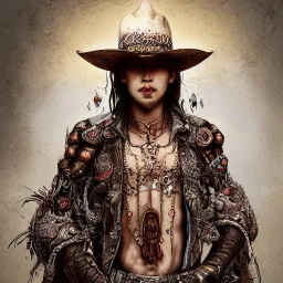 Insanely detailed photograph of an “portrait of a midevil cowboy ” with intricate Sombrero, intricate embroidered charo, beautiful clear face and hyperdetailed painting by Ismail Inceoglu Huang Guangjian and Dan Witz CGSociety ZBrush Central fantasy art album cover art,8K, hdr, romantic, mysterious, ominous, cigar smoke, jewelry, comfort, natural eyes,naked,tasteful