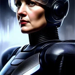 Ultra detailed fullbody Portrait in oil on canvas of Female Robocop,intense stare,extremely detailed digital painting, extremely detailed face,crystal clear Big eyes, mystical colors ,perfectly centered image, perfect composition, rim light, beautiful lighting,masterpiece,8k, stunning scene, raytracing, anatomically correct, in the style of robert e howard and Ken Kelley and Ohrai Noriyoshi and Simon Bisley and tomzj1