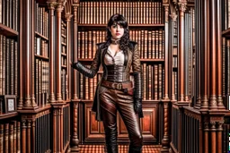 a full-length pale dark-haired woman with a straight bob hairstyle with a fringe, in a steampunk leather outfit, and gloves, standing in a steampunk library