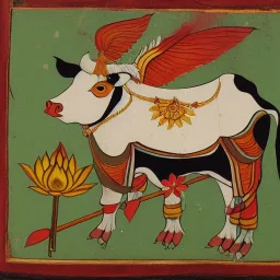 cow with wings holding a lotus and sword in Indian painting style