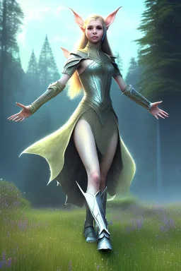 elven young woman, wearing light dress, happy expression, visible ultradetailed armonious cute femine face, visible armonious 2 legs 2 feet 2 hands and 2 pointy ears, luminous weather, field in the mountains, ultra realistic, concept art, intricate details, highly detailed, photorealistic, octane render, 8 k, unreal engine, art by artgerm and greg rutkowski and charlie bowater and magali villeneuve and alphonse mucha