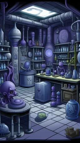 A grayish purple cybernetic laboratory with potions designed in African masks painted by Diego Rivera