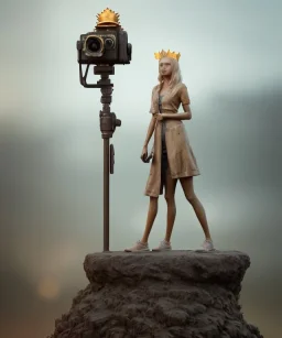 Statue of Queen of photography. Cute blonde woman. Photographer in golden crown. Standing on the street. Big camera in her hand. hyperdetailed, photorealistic, trending on artstation, greg rutkowski, beksinski, kodachrome