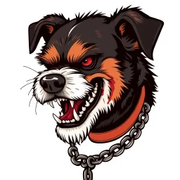 left facing head of angry Terrier dog with blood shot eyes and bloodied teeth, a ball chain collar around neck, a chain leash attached to collar, vector