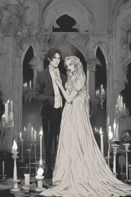 Vampire wedding, in a dark castle, firelight, candles