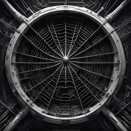 Massive Spiderweb above the control panel of a spaceship, surreal sci-fi, by Killian Eng and Anton Semenov, mind-bending sci-fi illustration; dramatic spiderweb poster art, rich black and silver and white and red colors, asymmetric, spiderweb textures, by H.R. Giger