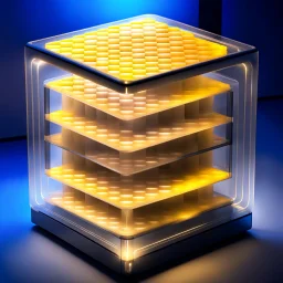 a futuristic translucent neurocube, inside the cube there are partitions made of honeycomb plates, high detailed images