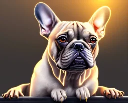 a detailed illustration of a french bulldog, phoenix bird wallpaper, luminescent body, full body, symmetrical body, realistic, glowing muscles, sharp focus, meticulously detailed, soft evening sky, 64k