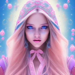 beautiful, soft, smiling face, whole head, long straight blonde hair blues eyes, crown on the head, clothing in transparent bluish and pink veil, background brillante bluish and pink, hight definition, 8K