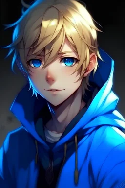 cool anime chalan s menom Ixpo s typom vlasov špinavý blond s modrý očami s modrou mikinou ktorá má kapucňu