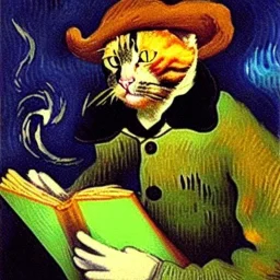 oil portrait of a cat with hat reading a book and smoking with wooden tobacco pipe by Van Gogh 4k