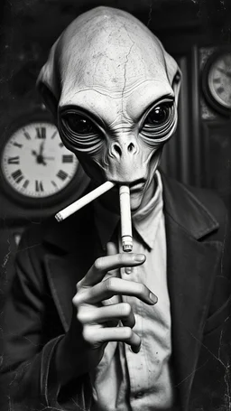 An old picture style of black and white and very bad quality old camera with cracks of an Alien rolling a cigarette the year 1900 in the background a Time Machine